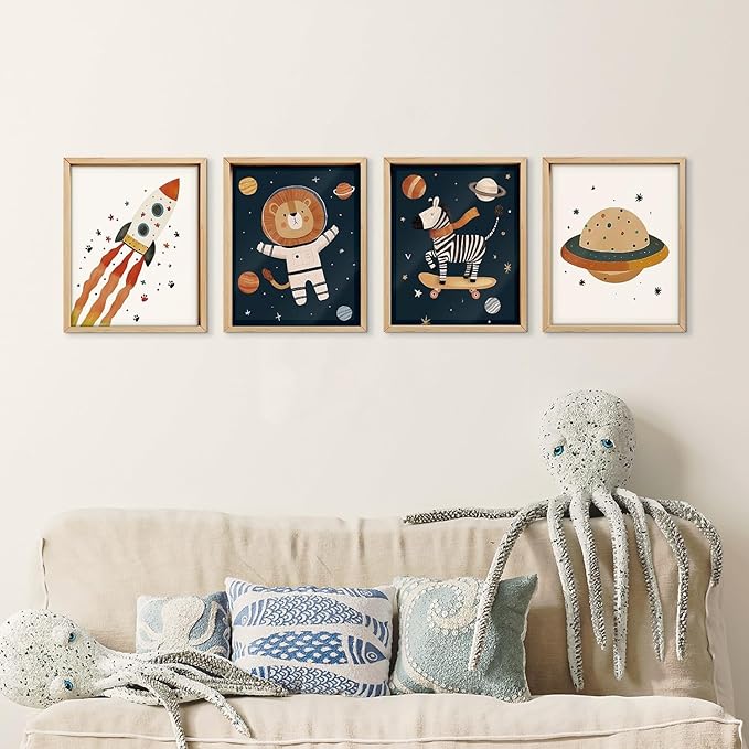 VONTP Space Animal Nursery Kids Wall Art Decor, Space Rocket Planet Lion Zebra Nursery Prints Poster Wall Decorations for Kids Girls Boys Toddler Room Bedroom Playroom, 8x10 Inch Set of 4 (Unframed)