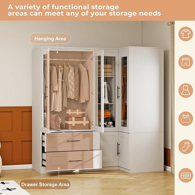Armoire Wardrobe Closet with 2 Glass Door: White Combination Corner Wood Wardrobe Closet 2 Drawer Wooden Bedroom Armoire with Hanging Rods for Home/Bedroom/Living Room