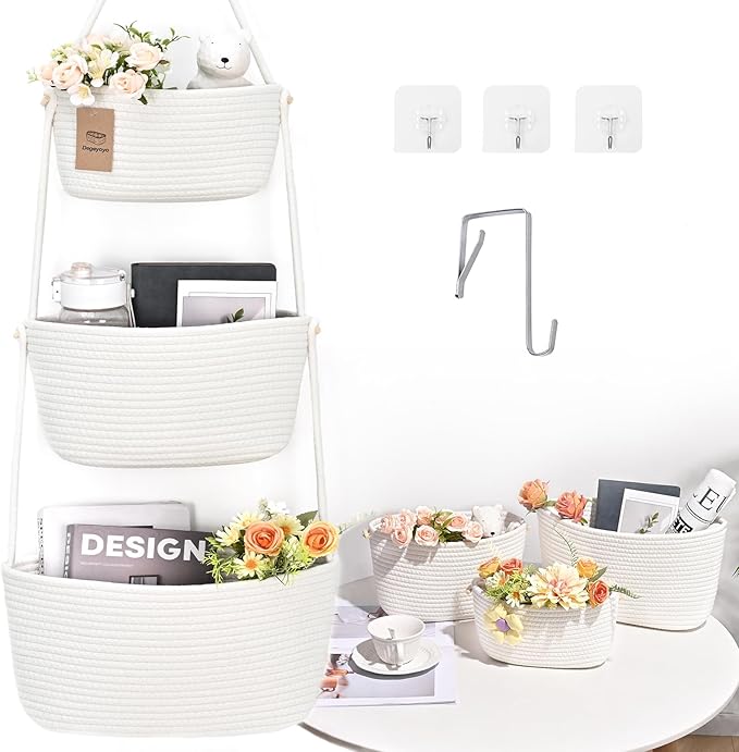 Hanging Storage Baskets, 3-Tier Over the Door Basket, Cotton Wall Baskets Storage, Detachable Hanging Door Basket with 4 Hooks, Over the Door Organizer Nursery for Bedroom, Living Room, Bathroom Wall
