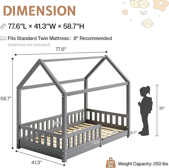 Jocisland Twin Size House Bed for Kids, Montessori Wooden Floor Bed Frame with Guardrails, Removable Rails, Playhouse Roof, Easy Assembly, Toddler Floor Bed for Boys & Girls, Grey