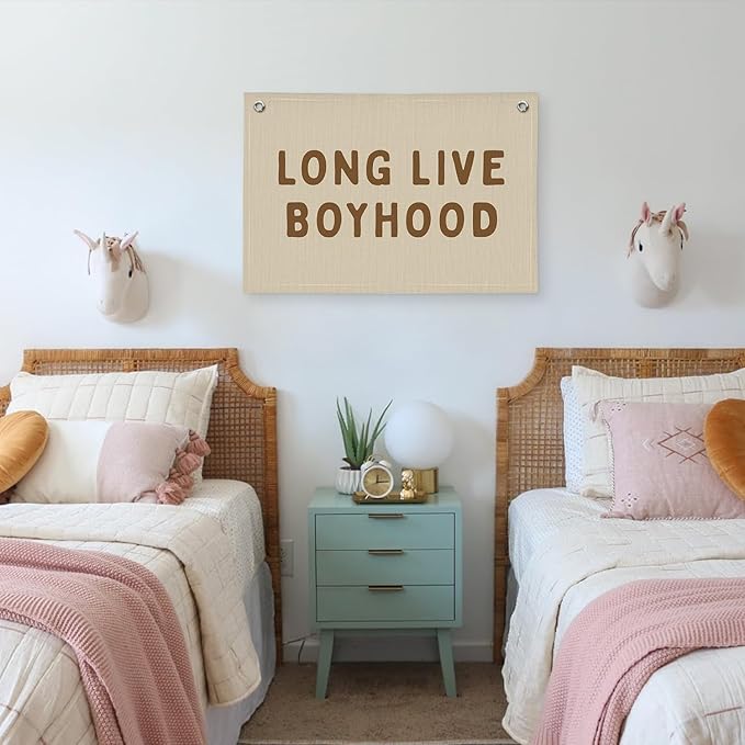 Long Live Boyhood Banner, Boy Nursery Decor, Linen Banner Wall Hanging Banner Flag Decor for Nursery Playroom Toddler Room, Boys Kids Room Decor - Sand Beige & Taupe