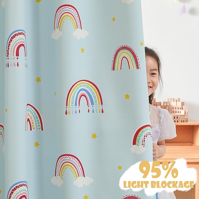 Vangao Boho Girls Blackout Curtains Pastel Blue for Kids Room 63 Inch Length, Rainbow Window Drapes for Living Room Nursery Thermal Grommet Insulated Room Darkening Curtains Bedroom, 2 Panels