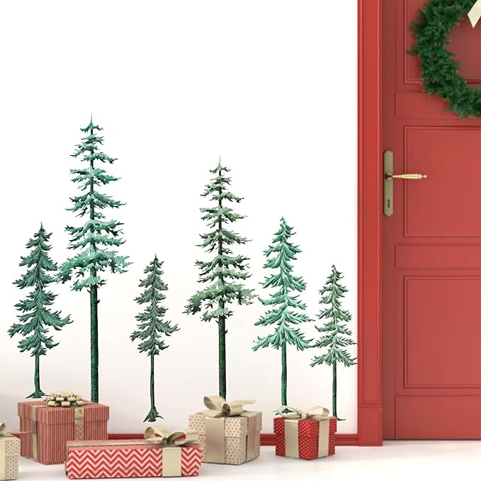 Large Pine Tree Wall Decal Big Pine Trees Wall Stickers Watercolor Green Tree Wall Sticker Winter Forest Plants Wall Decals Xmas Woodland Trees Stickers for Bedroom Nursery Living Room