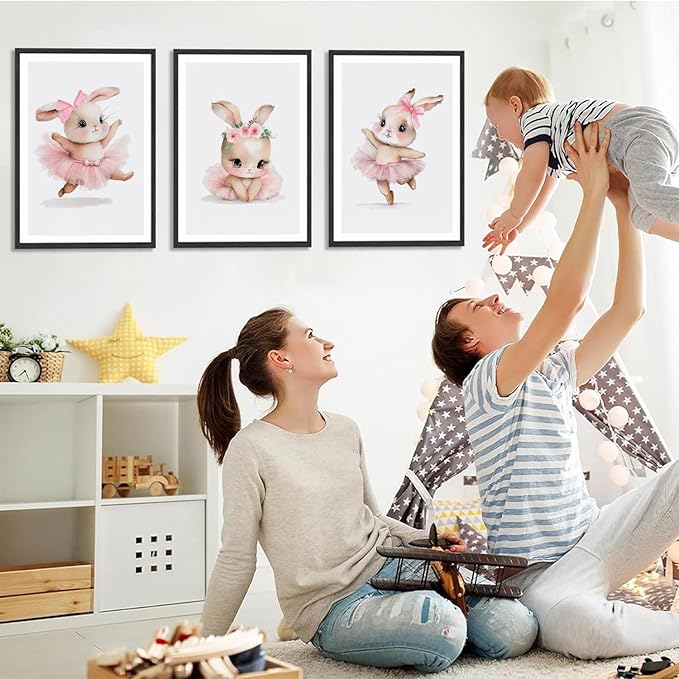 3 Pcs Pink Bunny Wall Art for Nursery Baby Room Cute Posters Prints Wall Decor Pictures Pink Preppy Dress Rabbit Ballet Artwork Canvas Paintings for Girls Room Bedroom Hone Decoration Unframed