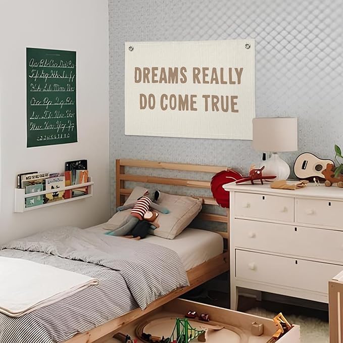Motivational Positive Banner, Dreams Really Do Come True Linen Banner Wall Hanging Banner Flag Decor For Boy Girl Kids Room Nursery Playroom