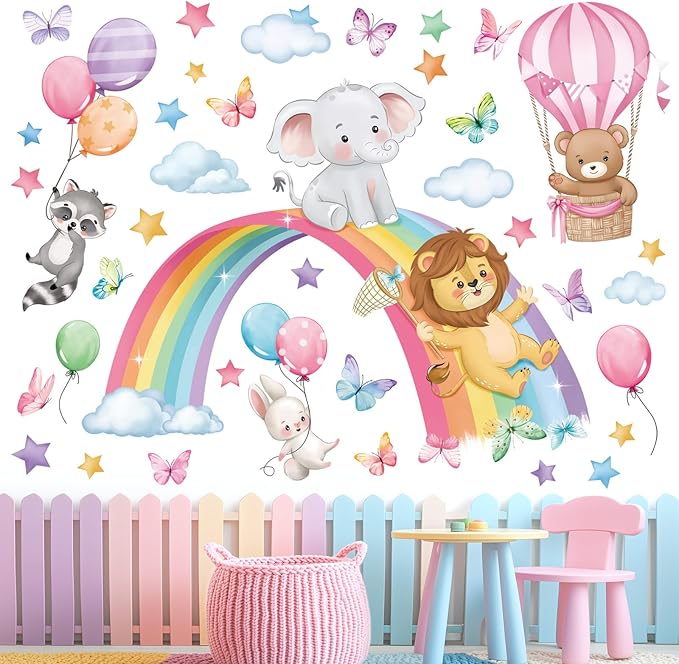 decalmile Rainbow Animal Wall Decals Elephant Lion Bear Clouds Wall Stickers Baby Nursery Kids Room Girls Bedroom Wall Decor