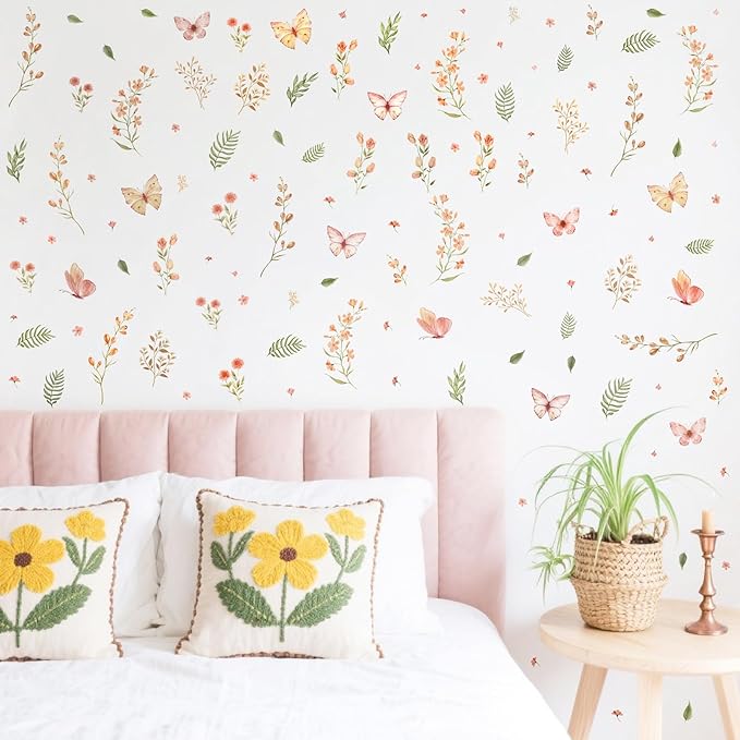 Boho Flower Wall Sticker Small Floral Wall Decals Peel and Stick Wildflower Leaf Sticker Removable Watercolor Girls Room Decal Flower Butterfly Decals for Nursery Baby Room Bedroom Decor