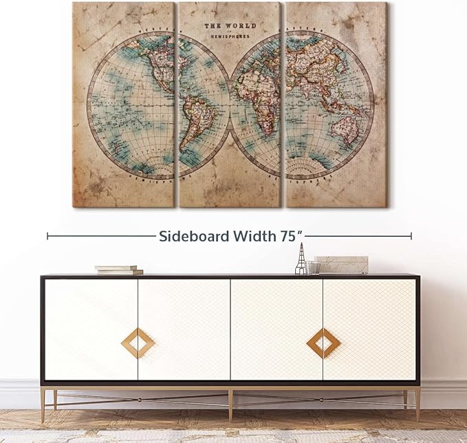 ElephantStock Hemisphere Map Wall Art Multi Piece Canvas - 3 Piece Canvas World Map Wall Decor - Wall Decor Print - Vintage Wall Art - 65" X 42"