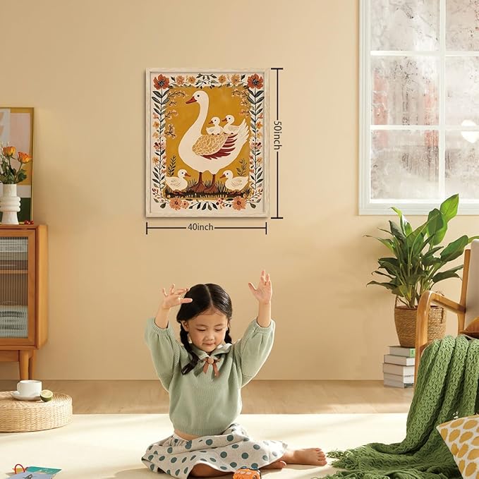 KISSFOX Framed Wall Art Nursery Wall Decor Yellow Duck Pictures Kids Cute Animal Canvas Art Boho Floral Paintings Artwork For Children Boys Girls Room Family Room