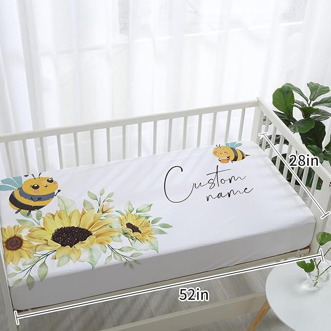 Custom Baby Crib Bedding Set - Yellow Bee Design Personalized Name Baby Nursery Bedding 3 Pcs Set - Chic Soft Blanket, Fitted Sheet, Room Rug for Newborns Boys Girls Gifts