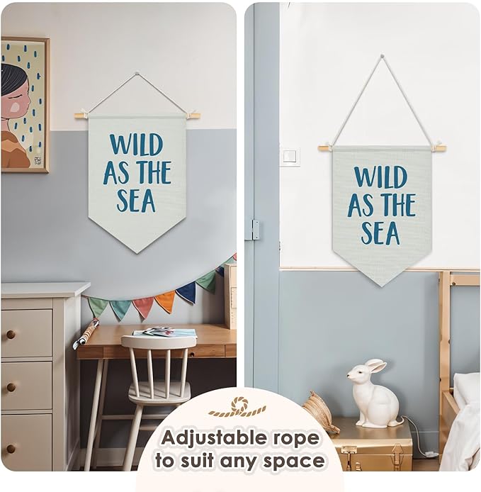 Wheatwin Ocean Nursery Decor, Wild As the Sea Blue Wall Hanging Pennant Flag Banner, Coastal Beach Wall Decor for Kids Boys Girls Toddler Nursery Room Bedroom Playroom 15x11 Inch