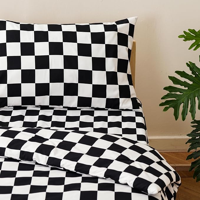 KAREVER Grid Toddler Bedding Set Black White Checkered 4 Pieces Crib Bed Set Kids Pliad Comforter Set