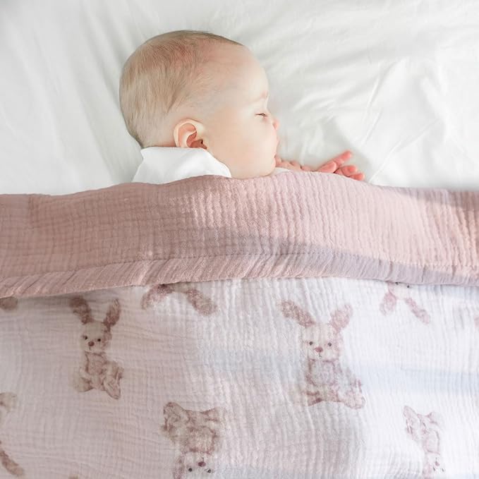 Little Jump 2 Layers Muslin Cotton Baby Blankets - Bunny Toddler Quilt Crib Blanket - Gender Neutral Crib Blanket for Baby Boys and Girls 47"x 47" (Bunny)