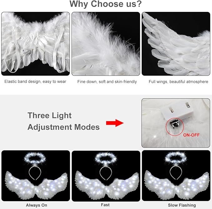 Angel Wings, Light Up Angel Wings and Halo with LED Lights, White Angel Wings Costume for Adult Women Kids Halloween Xmas