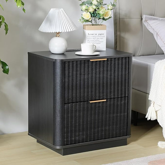 Fluted Nightstand with Charging Station, 23" Night Stands with 2 Drawers, Wood End Table with Storage, Black Bedside Cabinet for Bedroom