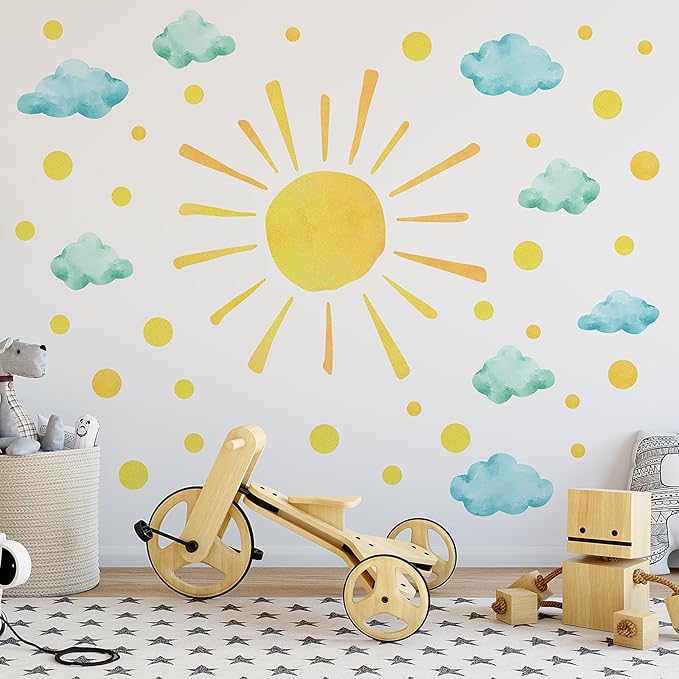 clothmile Sun and Clouds Wall Decals Polka Dots Decal Watercolor Boho Sun Wall Decals Peel and Stick, PVC Sunrise Wall Stickers Sunshine Wall Art Decor for Kids Room Playroom Nursery Bedroom