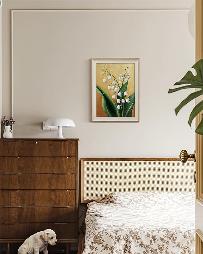 ARPEOTCY Framed Canvas Wall Art, 12x16 Inch Lily of the Valley Floral Print, Vintage Botanical Flower Artwork for Bedroom, Living Room, or Entryway Decor