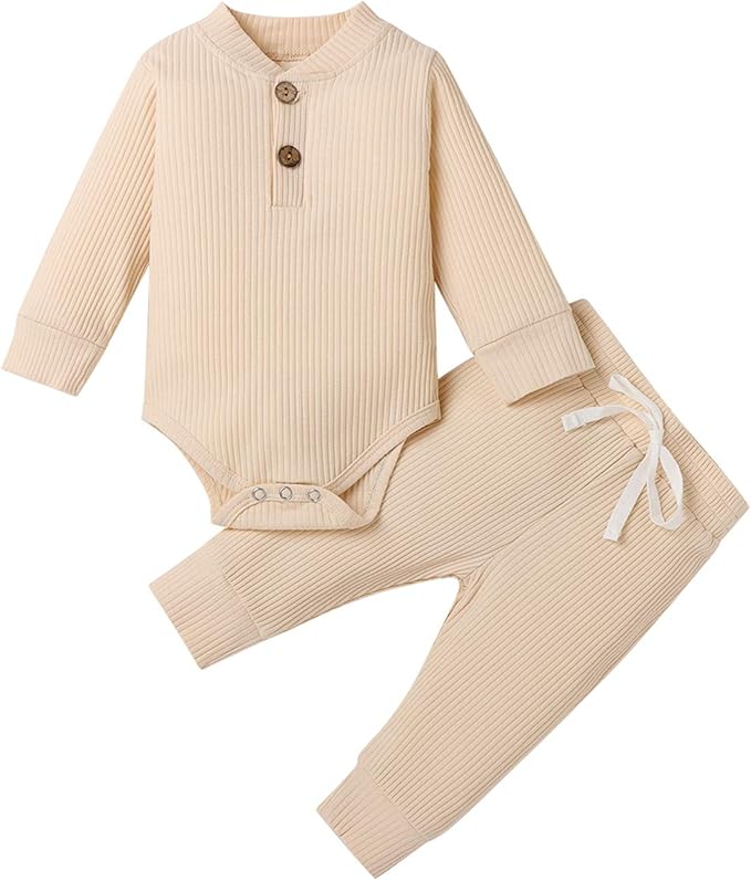 Newborn Baby Boy Girl Clothes Ribbed Knitted Cotton Long Sleeve Romper Long Pants Solid Color Fall Winter Outfits