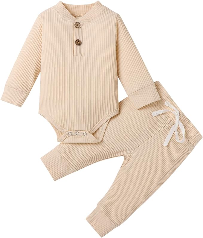 Newborn Baby Boy Girl Clothes Ribbed Knitted Cotton Long Sleeve Romper Long Pants Solid Color Fall Winter Outfits