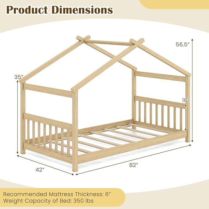Giantex House Bed Twin, Solid Wood Kids House Bed with Roof, Headboard and Footboard, Low Floor Twin Bed Frame for Kids Teens Girls Boys, No Box Spring Needed, Natrual