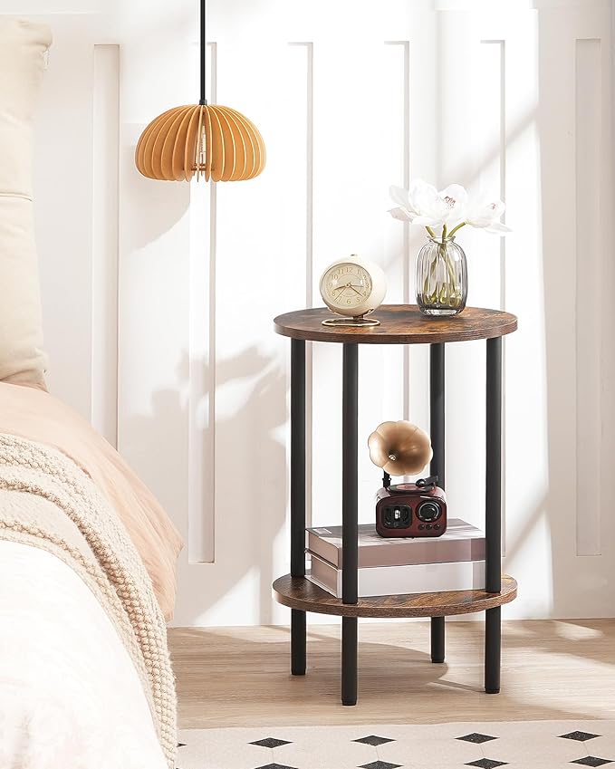 Side Table Set of 2, Round End Table, 2-Tier Small Nightstand with Sturdy Metal Tube, Industrial Coffee Table, for Living Room, Bedroom, Greige and Black TBZ01P2BG