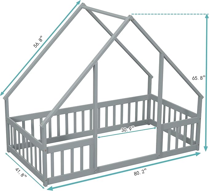 Casaphoria Twin Size House-Shaped Montessori Bedframe, Solid Pine Wood Kids Bed Frame, Toddler Floor Bed with Door & Fence for 1-3 Years Old Kids, Grey
