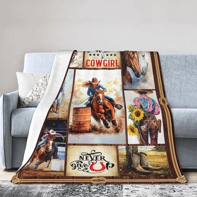 Cowgirl Racing Blanket Western Cowboy Throw Blanket Super Soft Flannel Lightweight Fluffy Plush Fuzzy Fleece Horse Blanket Gifts for Girls Woman Kids Prayer for Bed Sofa Bedding 60"X80"