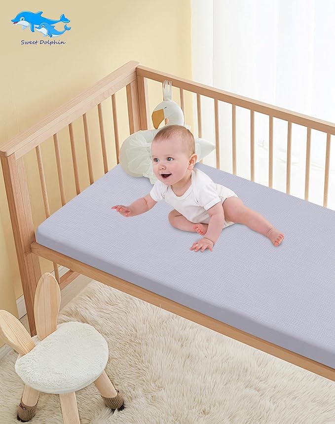 SWEET DOLPHIN 2-Pack Muslin Crib Sheets for Boys & Girls, Ultra Soft Breathable 40S Long-Staple Cotton Fitted Baby Sheets for Standard Crib Mattress 52"x28", Slate and Grey- Nursery Essentials