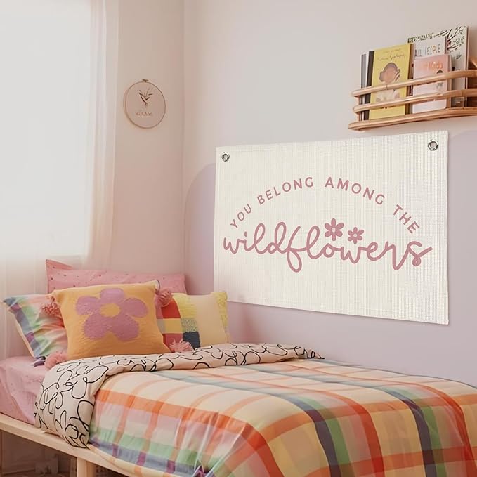 Girls Room Decor, Wildflower Baby Girl Nursery Decor, Baby Shower Pink Linen Canvas Banner, Wall Hanging Banner Flag 20x30 Inch - Pink