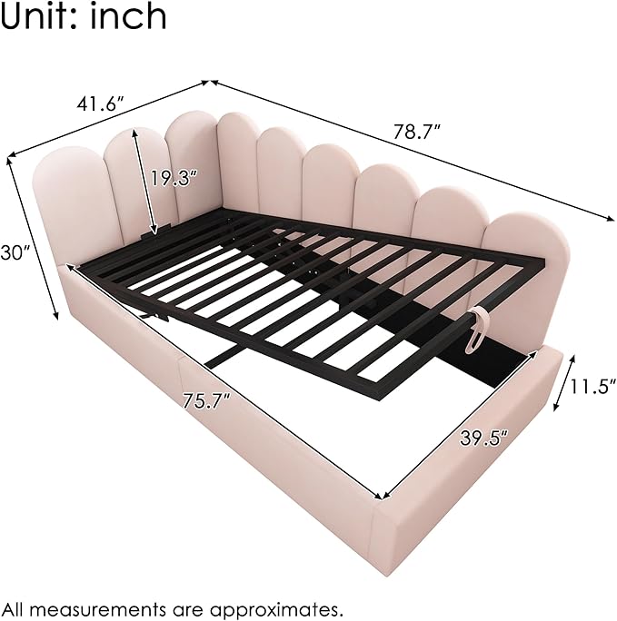 Merax Twin Size Upholstered Lift Up Sofa Day Bed with Headboard, Floor Sofa Daybed with Metal Slat Support, Lift Up Bed Frame for Kids, Boys, Girls Twin, Pink