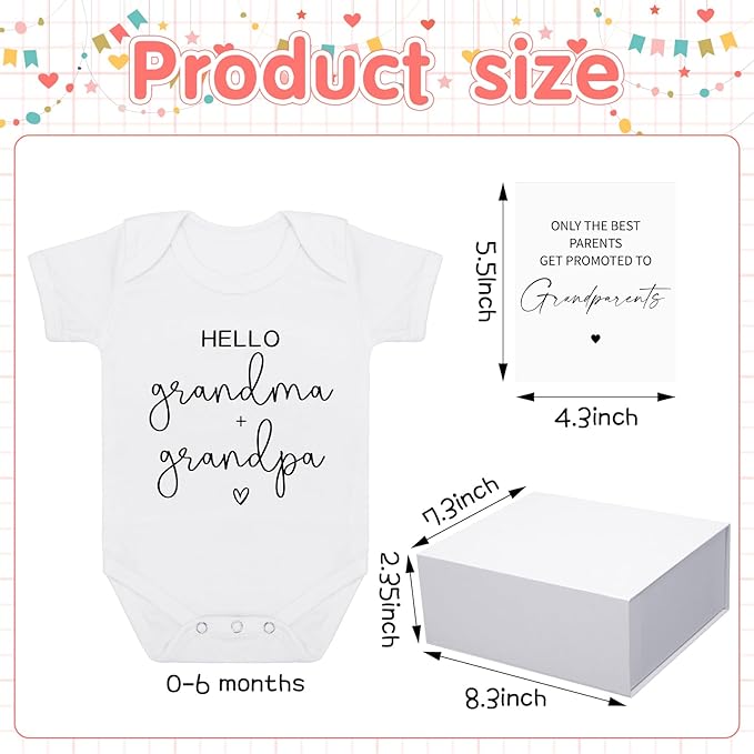4 Pcs Pregnancy Announcement for Grandparents, Hello Grandpa Grandma Baby Bodysuit, Hello Grandparents Pregnancy Reveal Card Baby Reveal Gift Box Baby Announcement Gifts Set for Grandparents