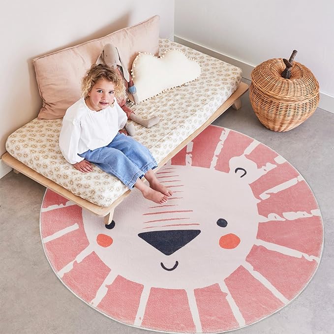ABREEZE Lion Round Area Rug 4ft, Kids Play Rug Nursery Door Mat Washable Non-Slip Cartoon Themed Children Rug for Bedroom Living Room Kids Playroom,Pink