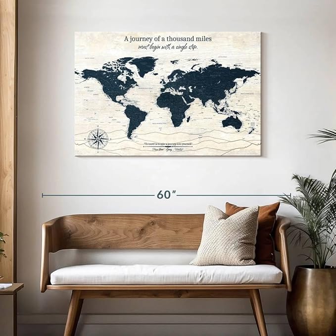 ElephantStock - A Journey I Push Pin World Map Wall Art - Horizontal Canvas Wall Art - Living Room Wall Decor - Digital Art Map Canvas Art - Blue And Beige Decor - 45" x 30"