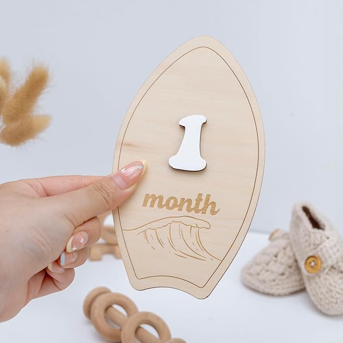 Wooden Surfboard Baby Monthly Milestone Sign, 1–12 Month Photo Prop Set, Beach Wave Design Neutral Nursery Decor, Newborn Growth Tracker Keepsake