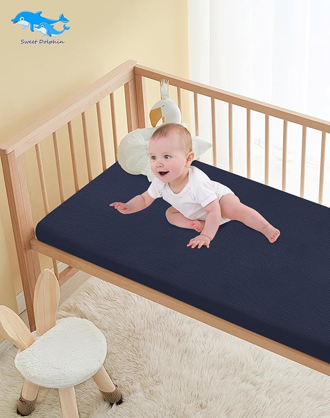 SWEET DOLPHIN 2-Pack Muslin Crib Sheets for Boys & Girls, Ultra Soft Breathable 40S Long-Staple Cotton Fitted Baby Sheets for Standard Crib Mattress 52"x28", Deep Navy- Nursery Essentials