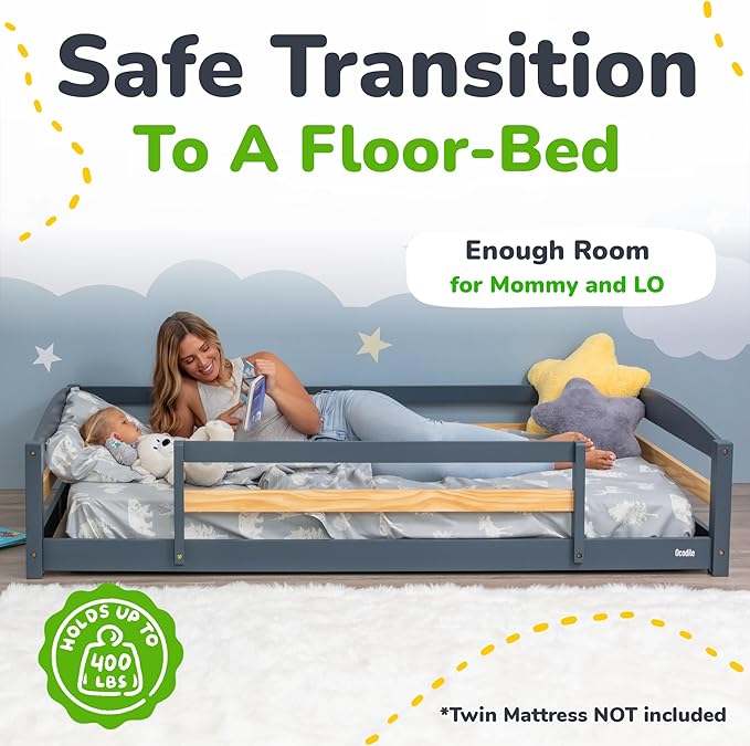 Ocodile Twin Floor Bed with Safety Guardrails for Kids, Montessori Inspired with Rails and 2 Openings, Twin Size Bed Frame for Girls and Boys - Gray