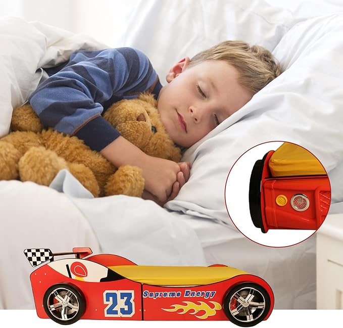 LKTART Twin Size Car Bed for Kids, Race Car-Shaped Wooden Platform Bed Frame with Headboard Wheels and Support Slats for Boys Toddlers Child's Bedroom (Red)