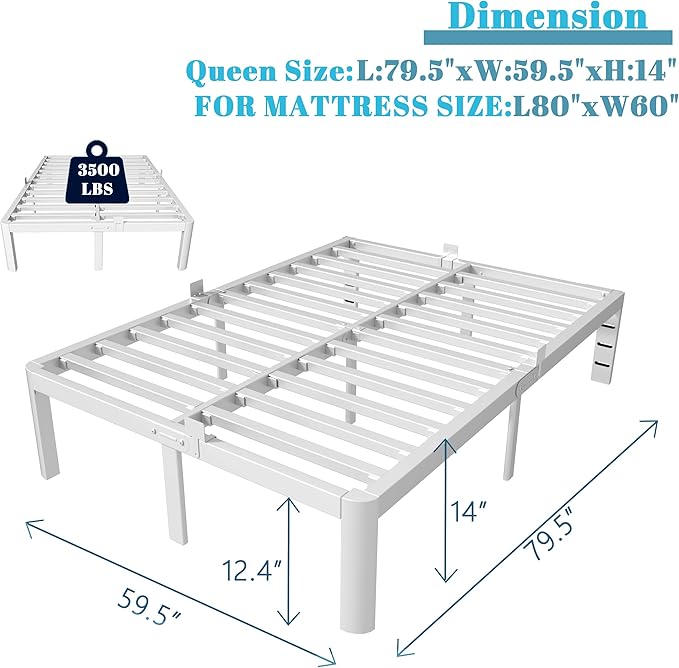 14 Inch Queen Bed Frame with Metal Gaskets, White Bed Frame Queen Size No Box Spring Needed, Heavy Duty Steel Platform Support, Round Corner Design, Noise Free, Storage Space, Easy Assembly