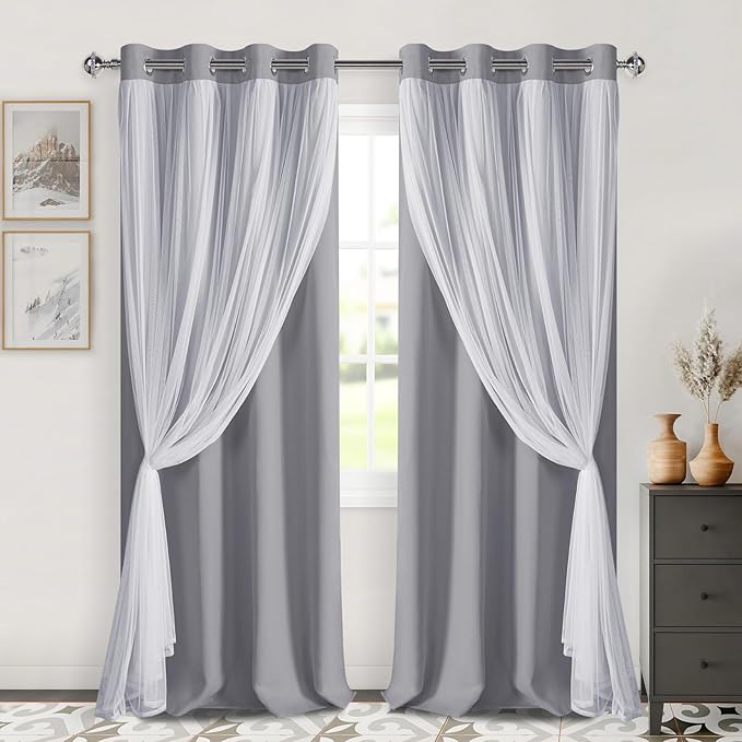 DWCN Blackout Curtains with Sheer Overlay Layered Curtains for Bedroom/Living/Dining Room Grommet Top Curtain Panel Pair with Tiebacks, 52 W by 108 L, Grey