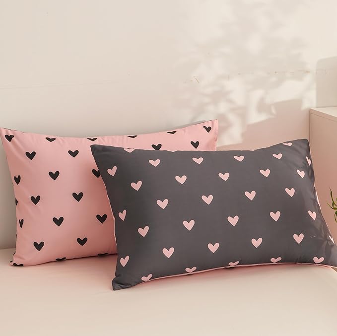 Heart Duvet Cover King Size Pink Grey Heart-Shaped Pattern Bedding Set 3 Pieces Cute Love Printed Ultra Soft Microfiber Reversible Comforter Cover
