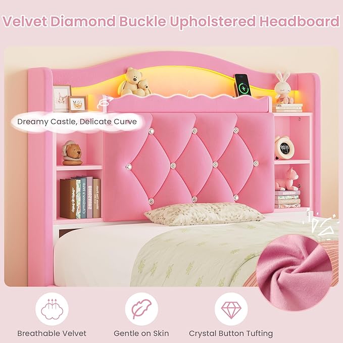 DICTAC Twin Size Bed Frame for Girls with Storage Drawers, Bookcase Headboard, LED Lights and Power Outlets, Diamond Tufted Velvet Upholstered Princess Platform Bed, Heavy-Duty Metal Support, Pink