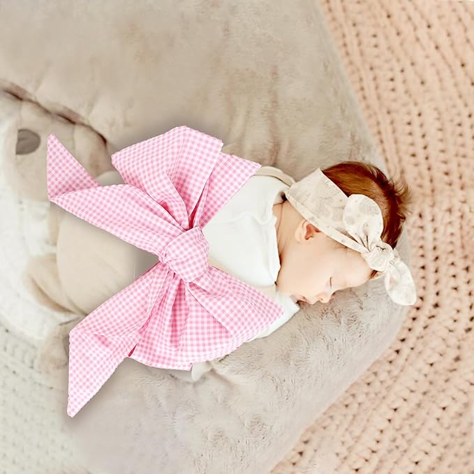 Newborn Swaddle Sash, Soft Cotton Bow Decorative Strap for Swaddles, Adorable Maternity Bow Sash, 70x5.5 Inch, Pink Plaid