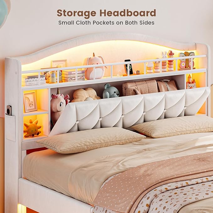ADORNEVE Queen Bed Frame with LED Lights, Princess Velvet Upholstered Platform Bed for Girls, Headboard with Charging Station & Guardrail & Crystal Button, No Box Spring Needed, Beige