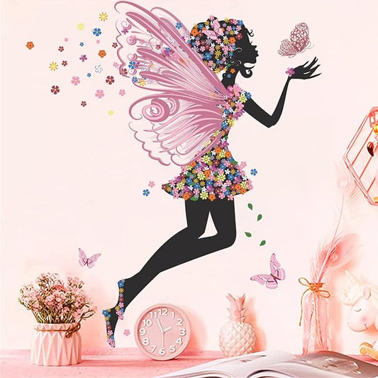 Supzone Butterfly Girl Wall Stickers - Flowers Fairy Wall Decal Removable Vinyl Art Stickers for Girls Baby Nursery Kids Bedroom Living Room Bathroom Decor Mural