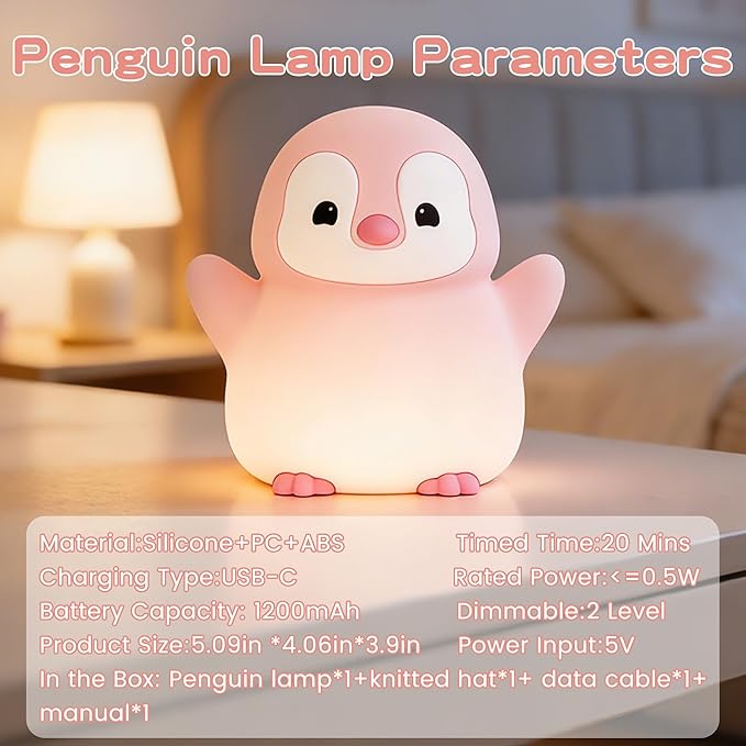 Pink Penguin Night Light,Soft Silicone Nursery Nightlight for Baby,LED Squishy Novelty Animal Bedside Lamp,Rechargeable/Dimmable/Timer,Room Decor, Cute Xmas Gifts for Kids/Girls/ Mom/ Grandma/ Teens