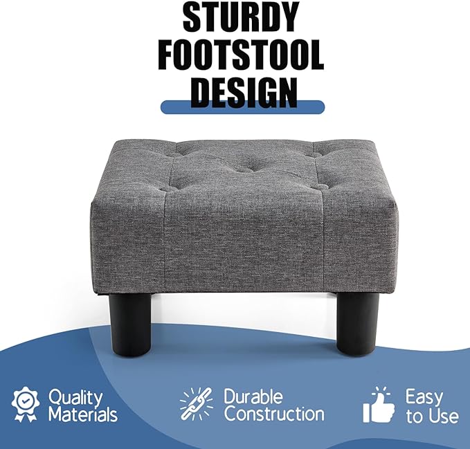 BRIAN & DANY Small Foot Stool, Linen Foot Stools with Legs, Stable Small Footstool for Living Room, Grey