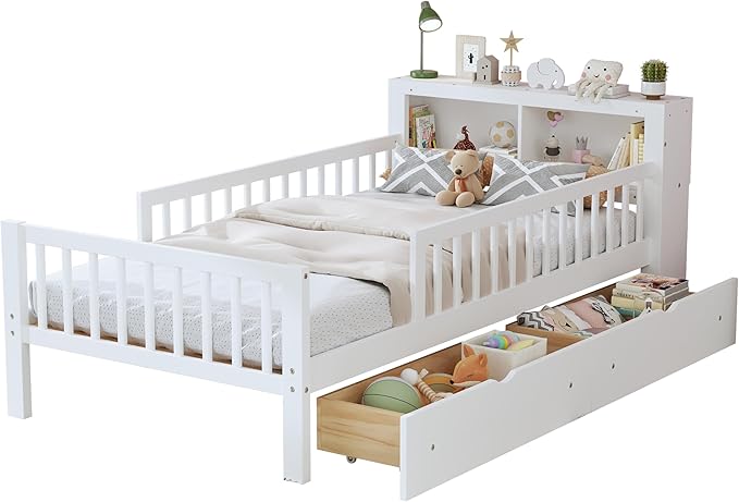 Wood Twin Size Platform Bed with Safety Fence for Kids Boys Girls, Platform Bed Frame with Practical Headboard and 2 Under-Bed Drawers, Sturdy Slats Support (White-3.15)