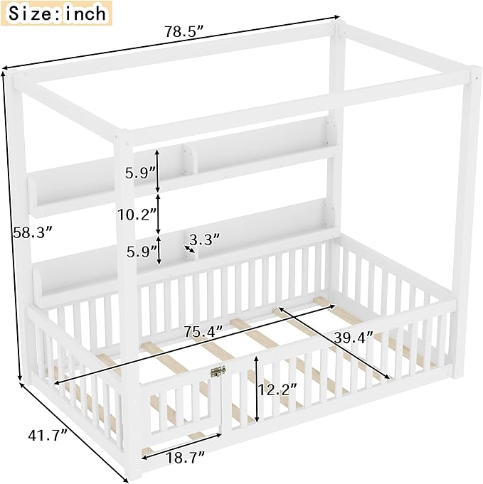 Polibi Twin Size Montessori Floor Bed with Guardrails, Low Profile Solid Wood Canopy Frame with Built-in Shelves, No Box Spring Needed, for Kids, White