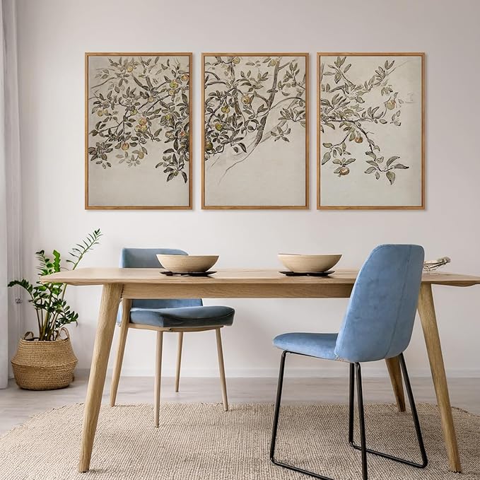 MTFBWY Framed Botanical Apple Tree Wall Art Set of 3, Vintage Nature Branch Canvas Prints, Rustic Farmhouse Plant Wall Art, Neutral Still Life Painting for Living Room Bedroom Office Decor, 24L x 16W