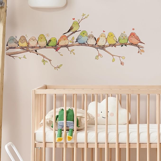 Cartoon Lovely Birds on The Branch Wall Stickers Nursery Wall Decals for Kid Removable Peel and Stick Wall Art Home Decor Decoration for Classroom Preschool Living Room Bedroom Bathroom